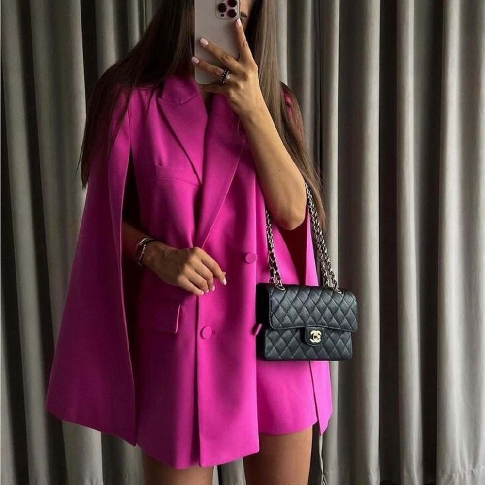 Zara Hot Pink Cape Blazer with Quilted Black Chain Bag